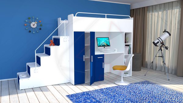 Modern High Sleeper Bed Loft Bed with Stairs Wardrobe Desk and Bookcase for Child Youth Bedroom Boy Girl "MAX 5M"