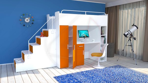 Modern High Sleeper Bed Loft Bed with Stairs Wardrobe Desk and Bookcase for Child Youth Bedroom Boy Girl "MAX 5M" - Image 3