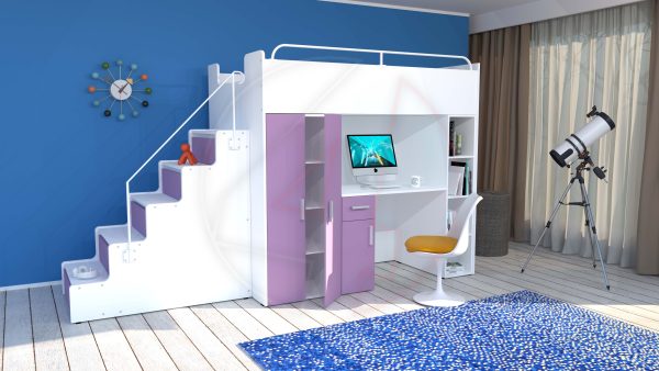 Modern High Sleeper Bed Loft Bed with Stairs Wardrobe Desk and Bookcase for Child Youth Bedroom Boy Girl "MAX 5M" - Image 4