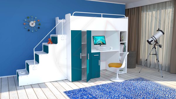 Modern High Sleeper Bed Loft Bed with Stairs Wardrobe Desk and Bookcase for Child Youth Bedroom Boy Girl "MAX 5M" - Image 6