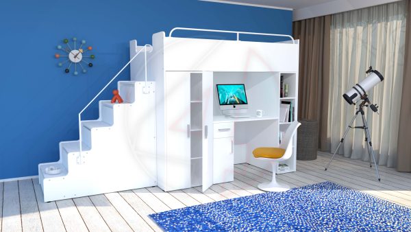 Modern High Sleeper Bed Loft Bed with Stairs Wardrobe Desk and Bookcase for Child Youth Bedroom Boy Girl "MAX 5M" - Image 8