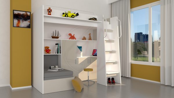 Modern Cabin High Sleeper Bed Set with Loft Bed Wardrobe Desk Bookshelf Youth Child Kids Bedroom Boy Girl "MAX 1SG" - Image 10