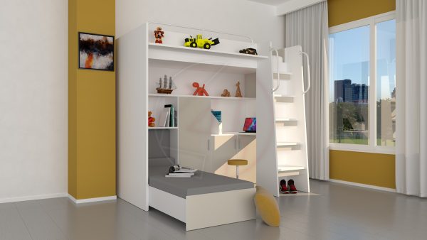 Modern Cabin High Sleeper Bed Set with Loft Bed Wardrobe Desk Bookshelf Youth Child Kids Bedroom Boy Girl "MAX 1SG" - Image 11