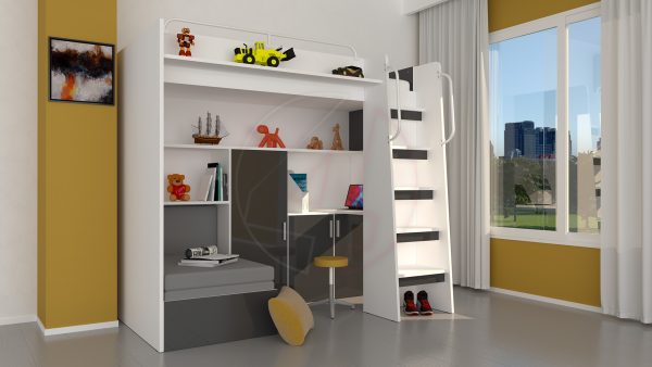 Modern Cabin High Sleeper Bed Set with Loft Bed Wardrobe Desk Bookshelf Youth Child Kids Bedroom Boy Girl "MAX 1SG"