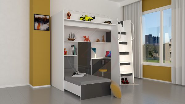 Modern Cabin High Sleeper Bed Set with Loft Bed Wardrobe Desk Bookshelf Youth Child Kids Bedroom Boy Girl "MAX 1SG" - Image 2