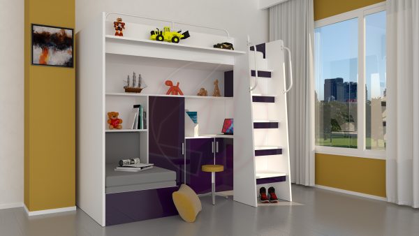 Modern Cabin High Sleeper Bed Set with Loft Bed Wardrobe Desk Bookshelf Youth Child Kids Bedroom Boy Girl "MAX 1SG" - Image 12