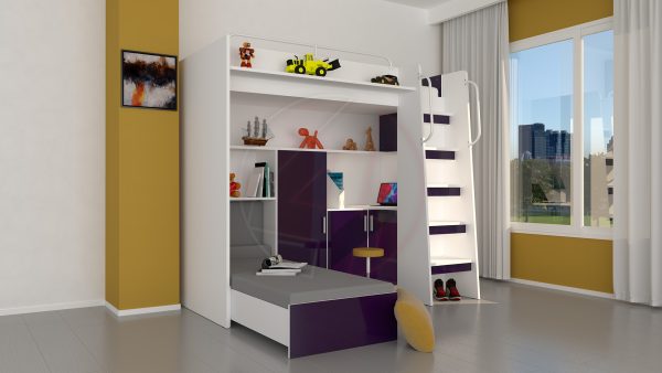 Modern Cabin High Sleeper Bed Set with Loft Bed Wardrobe Desk Bookshelf Youth Child Kids Bedroom Boy Girl "MAX 1SG" - Image 13