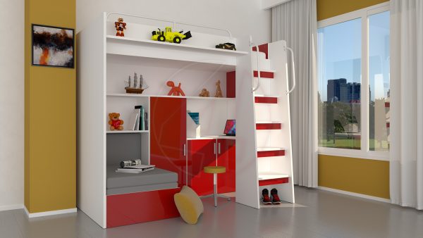 Modern Cabin High Sleeper Bed Set with Loft Bed Wardrobe Desk Bookshelf Youth Child Kids Bedroom Boy Girl "MAX 1SG" - Image 14