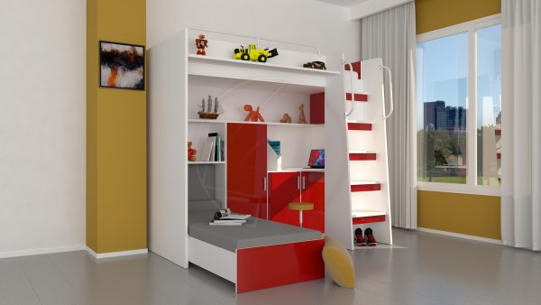 Modern Cabin High Sleeper Bed Set with Loft Bed Wardrobe Desk Bookshelf Youth Child Kids Bedroom Boy Girl "MAX 1SG" - Image 15