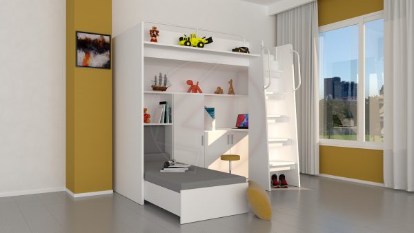 Modern Cabin High Sleeper Bed Set with Loft Bed Wardrobe Desk Bookshelf Youth Child Kids Bedroom Boy Girl "MAX 1SG" - Image 16