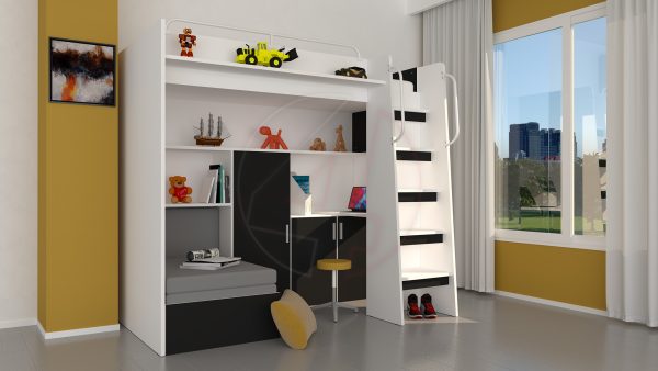 Modern Cabin High Sleeper Bed Set with Loft Bed Wardrobe Desk Bookshelf Youth Child Kids Bedroom Boy Girl "MAX 1SM" - Image 14