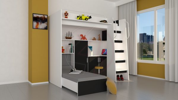 Modern Cabin High Sleeper Bed Set with Loft Bed Wardrobe Desk Bookshelf Youth Child Kids Bedroom Boy Girl "MAX 1SM" - Image 15