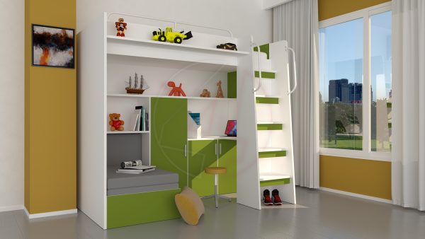 Modern Cabin High Sleeper Bed Set with Loft Bed Wardrobe Desk Bookshelf Youth Child Kids Bedroom Boy Girl "MAX 1SM" - Image 16