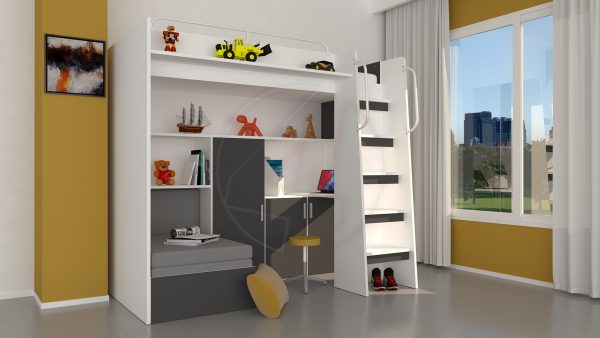 Modern Cabin High Sleeper Bed Set with Loft Bed Wardrobe Desk Bookshelf Youth Child Kids Bedroom Boy Girl "MAX 1SM" - Image 11