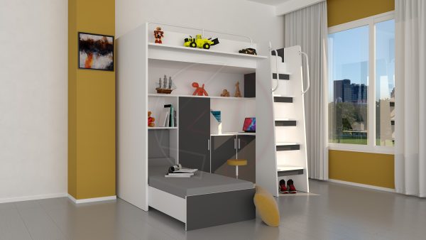 Modern Cabin High Sleeper Bed Set with Loft Bed Wardrobe Desk Bookshelf Youth Child Kids Bedroom Boy Girl "MAX 1SM" - Image 10