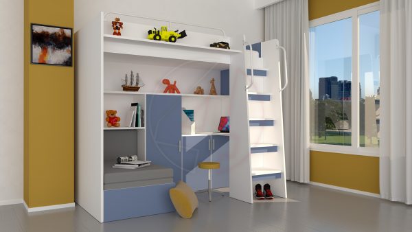 Modern Cabin High Sleeper Bed Set with Loft Bed Wardrobe Desk Bookshelf Youth Child Kids Bedroom Boy Girl "MAX 1SM" - Image 2