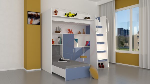 Modern Cabin High Sleeper Bed Set with Loft Bed Wardrobe Desk Bookshelf Youth Child Kids Bedroom Boy Girl "MAX 1SM"