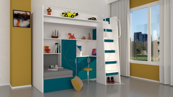 Modern Cabin High Sleeper Bed Set with Loft Bed Wardrobe Desk Bookshelf Youth Child Kids Bedroom Boy Girl "MAX 1SM" - Image 22