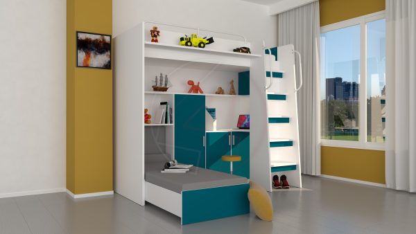 Modern Cabin High Sleeper Bed Set with Loft Bed Wardrobe Desk Bookshelf Youth Child Kids Bedroom Boy Girl "MAX 1SM" - Image 23