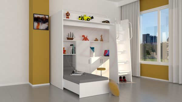 Modern Cabin High Sleeper Bed Set with Loft Bed Wardrobe Desk Bookshelf Youth Child Kids Bedroom Boy Girl "MAX 1SM" - Image 12