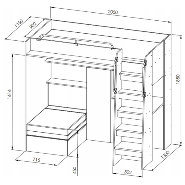 Modern Cabin High Sleeper Bed Set with Loft Bed Wardrobe Desk Bookshelf Youth Child Kids Bedroom Boy Girl "MAX 1SG" - Image 3