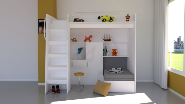 Modern Cabin High Sleeper Bed Set with Loft Bed Wardrobe Desk Bookshelf Youth Child Kids Bedroom Boy Girl "MAX 1SM" - Image 9