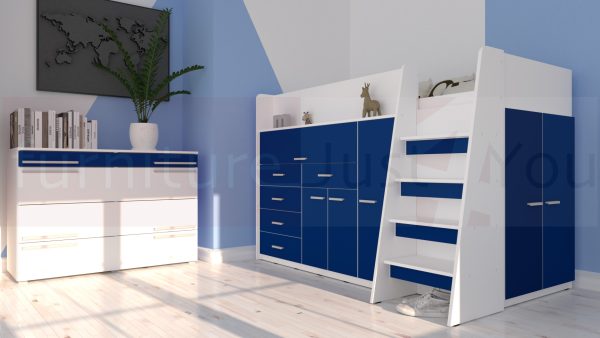 Modern Mid Sleeper Bed Youth Child Bedroom Furniture Set with Wardrobe Desk Cabinets and Drawers Boy Girl "Max 6M" Blue Colour - Image 2