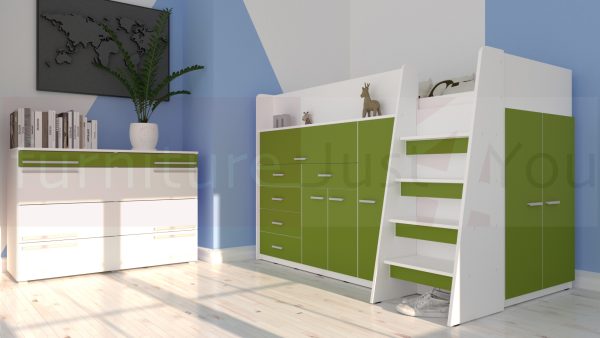 Modern Mid Sleeper Bed Youth Child Bedroom Furniture Set with Wardrobe Desk Cabinets and Drawers Boy Girl "Max 6M" Green Colour - Image 2