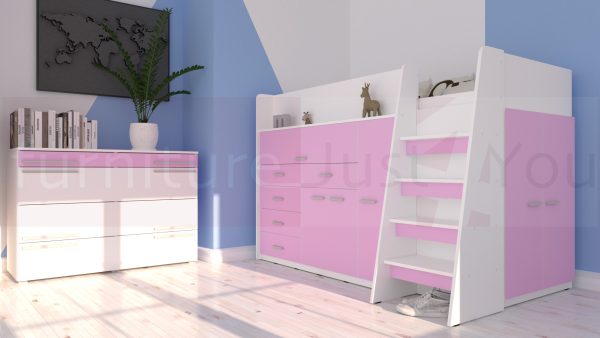 Modern Mid Sleeper Bed Youth Child Bedroom Furniture Set with Wardrobe Desk Cabinets and Drawers Boy Girl "Max 6M" Pink Colour - Image 2