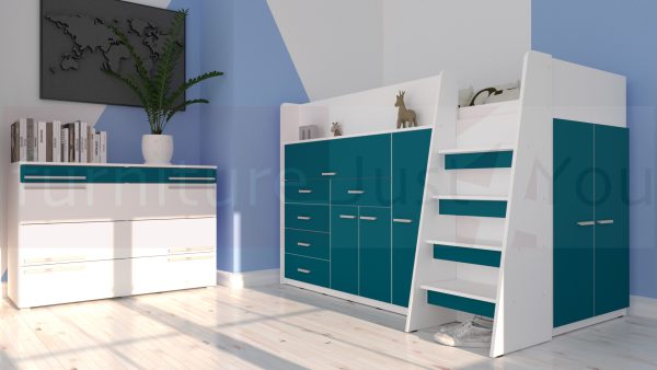 Modern Mid Sleeper Bed Youth Child Bedroom Furniture Set with Wardrobe Desk Cabinets and Drawers Boy Girl "Max 6M" Turquoise Colour - Image 2