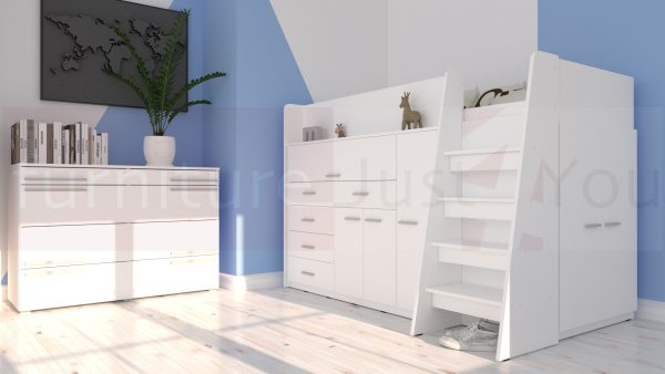 Modern Mid Sleeper Bed Youth Child Bedroom Furniture Set with Wardrobe Desk Cabinets and Drawers Boy Girl "Max 6M" White Colour - Image 2