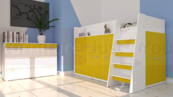 Modern Mid Sleeper Bed Youth Child Bedroom Furniture Set with Wardrobe Desk Cabinets and Drawers Boy Girl "Max 6M" Yellow Colour - Image 2