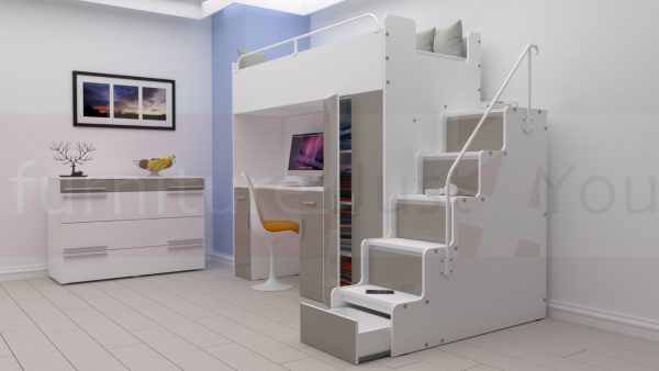 Modern High Sleeper Bed Loft Bed with Stairs Wardrobe and Desk for Child Youth Bedroom Boy Girl "MAX 4SG LONG DESK" - Image 2