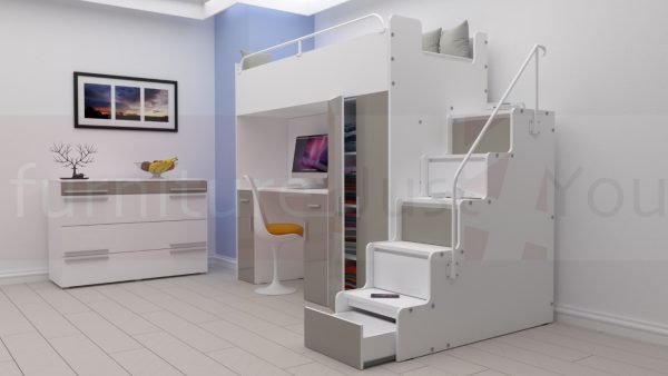 Modern High Sleeper Bed Loft Bed with Stairs Wardrobe and Desk for Child Youth Bedroom Boy Girl "MAX 4SG LONG DESK" - Image 3