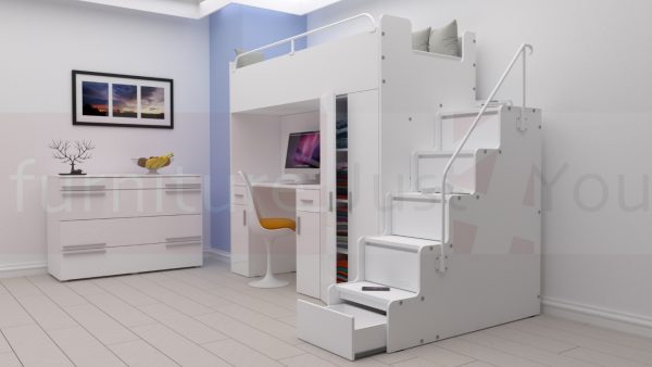 Modern High Sleeper Bed Loft Bed with Stairs Wardrobe and Desk for Child Youth Bedroom Boy Girl "MAX 4SG LONG DESK"