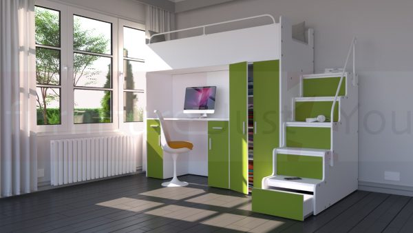 Modern High Sleeper Bed Loft Bed with Stairs Wardrobe and Desk for Child Youth Bedroom Boy Girl "MAX 4SM LONG DESK"