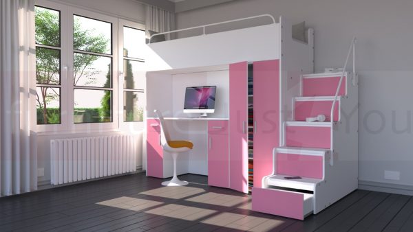 Modern High Sleeper Bed Loft Bed with Stairs Wardrobe and Desk for Child Youth Bedroom Boy Girl "MAX 4SM LONG DESK" - Image 11